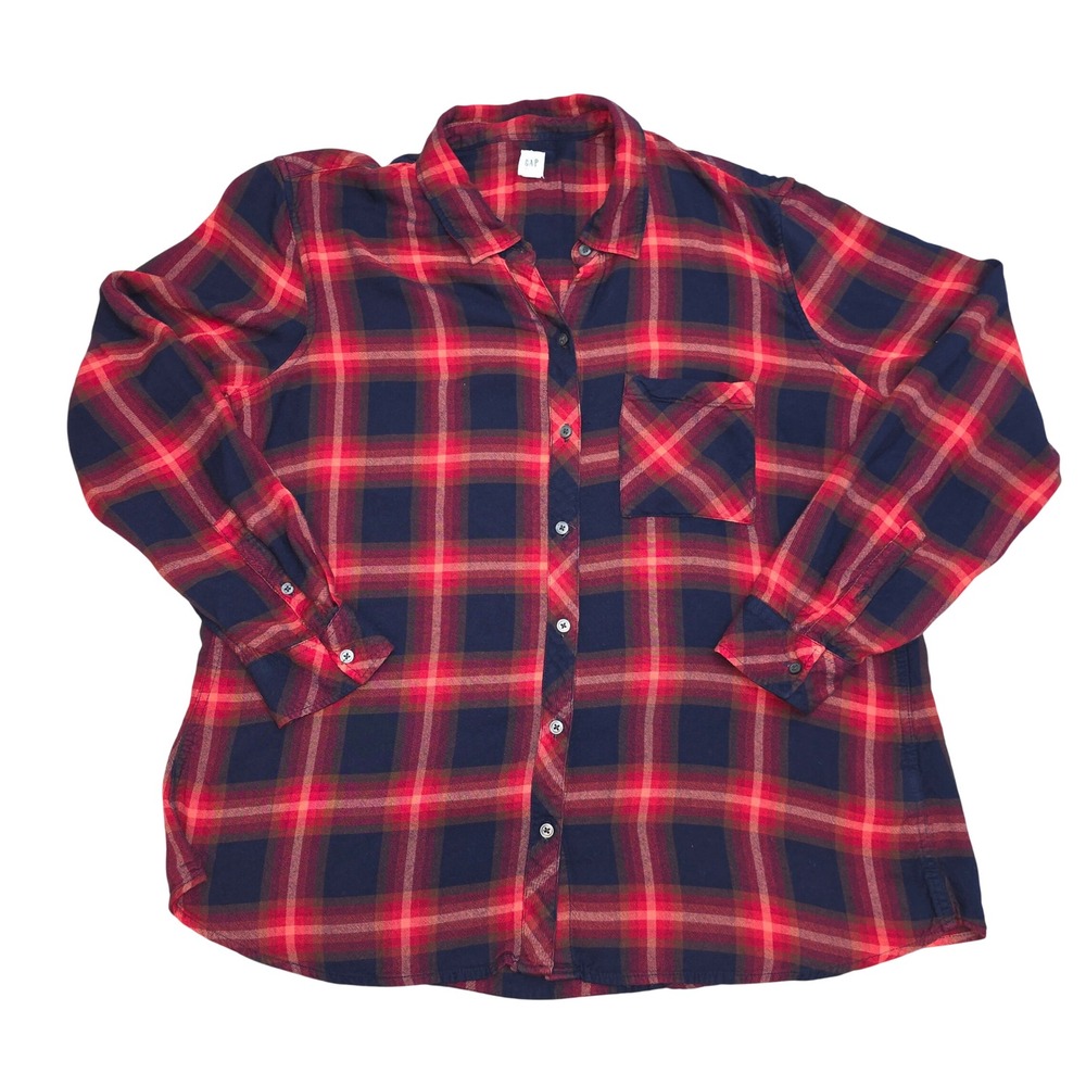 Gap Womens XL Red Navy Blue Plaid Drapey Flannel Button Down Shirt 700033371